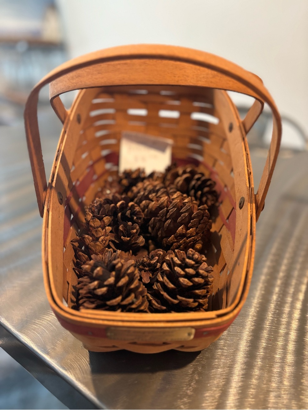 Longaberger Woven Basket with Brown Pinecone Display